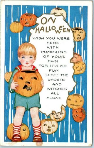 1910s Vintage Whitney " On Halloween " Postcard Boy W/ Jack O 