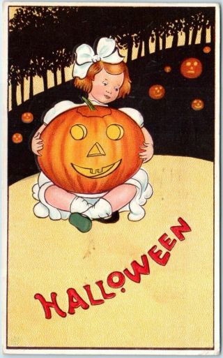 Vintage 1921 Halloween Postcard Girl W/ Large Jack O 