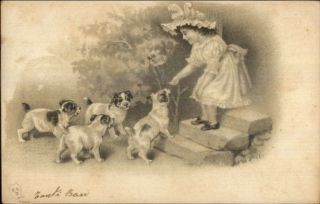 Little Girl & Adorable Puppy Dogs Esd Series 7047 C1900 Postcard - Embossed