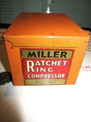 Antique L.  B.  Miller Co.  Ratchet Ring Compressor Tin Box Color/graphics