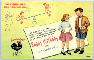 Vintage Weather - Bird Shoes Advertising Postcard Happy Birthday Linen 1950 Cancel