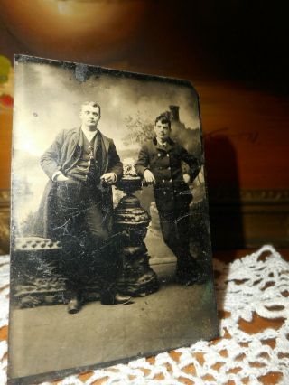 Antique Tintype Photo Of 2 Men,  Leaning Pose,  Hands In Pockets,  Smiles