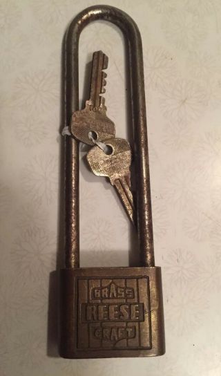 Vintage Reese Brass Craft Long Padlock Bicycle Type W/2 Keys,  Usa