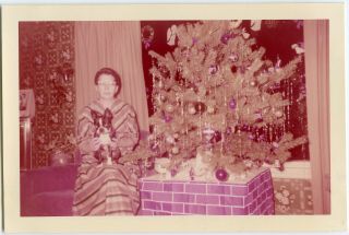 Woman Holding Boston Terrier Dog Christmas Tree Tinsel Vintage Snapshot Photo