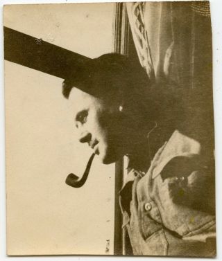 Tiny Vintage Snapshot Photo Man Smoking Pipe Profile Contemplative Pose