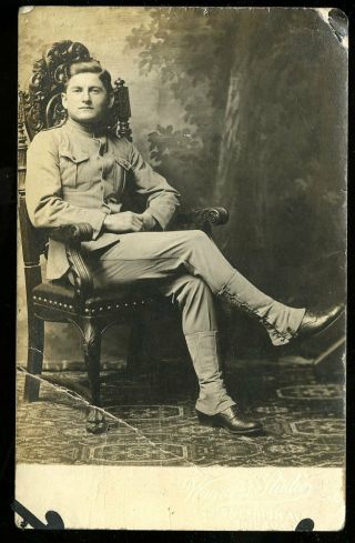 Vintage Real Photo Postcard Rppc Wwi Army Soldier Poses In Uniform Philadelphia