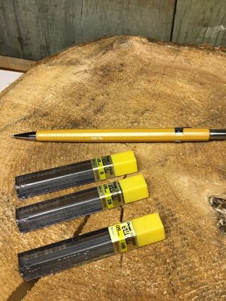 Vtg Pentel Yellow Mechanical Drafting Pencil 0.  9 Mm W/ 3 Lead Refills B - 2b - Hb