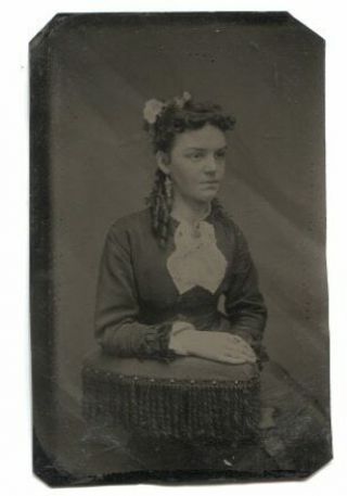 Antique 1/6th Plate Tintype Photograph Of Seated Pretty Young Victorian Woman