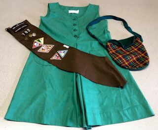 Vintage 1950 Authentic Green Girl Scouts Uniform Dress W/ Sash Patches Pin Purse