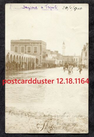 1164 - Libya Tripoli 1910 Italy Colony.  Street Flood Mosque Real Photo Postcard
