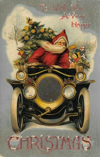Santa Claus In Old Car With Decorated Tree Toys Antique Christmas Postcard - C675