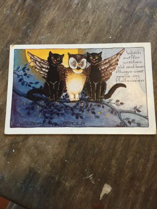 Vintage Whitney Halloween Embossed Postcard Black Cats Owl Moon