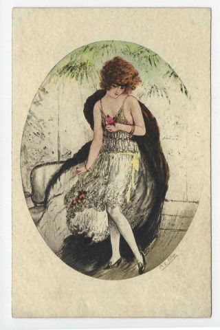 Artist Signed Felix Hardy Icart Boudoir Art Deco Woman With Rose Postcard Vtg