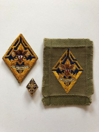 Boy Scout 5 Year Veteran Twill Patches And Gold Pin Euc