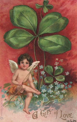 Ellen Clapsaddle 1906 Gold Embel.  & Emb.  Cupid Arrow Clover Valentine Sweet Pc