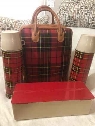 2 Thermos Quart Tin Bottles Red,  Tall Plaid Basket & Container Set Vintage Picnic