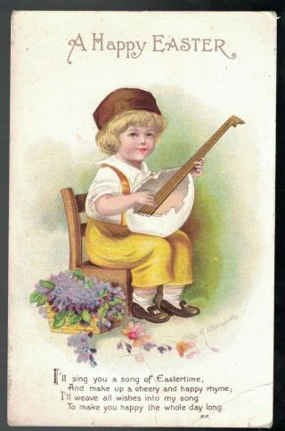 Antique 1910 A Happy Easter Little Boy Playe Lute Artist Signed Clapsaddle Pc