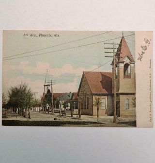 Antique Postcard Street View Of 3rd Ave Phoenix Alabama With Churches By Trouche