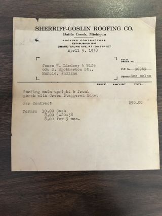1938 Battle Creek Michigan Mi Muncie Indiana Sherrif Goslin Roofing Co.  Invoice