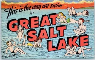 Great Salt Lake Utah Large Letter Postcard Bathing Scene Kropp Linen C1940s