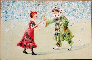 Pierrot Clowns Toast Champagne 1905 Embossed,  Color Litho Postcard