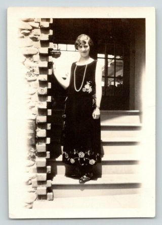 1920s Small Photograph Flapper In Embroidered Long Dress Bead Necklace Wavy Hair