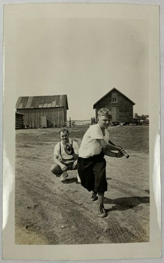 Strike Boy Swings And Misses,  Baseball On The Farm 1937,  Vintage Photo Snapshot