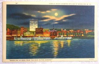 Wheeling Wv West Virginia Postcard Skyline At Night Full Moon Unposted 1930/40 