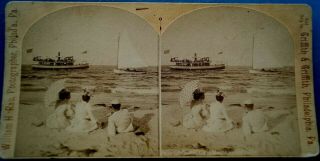 Real Photo Stereoview - Atlantic City Beach With Boats Passing By,  Jersey