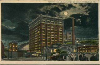 (737) Pennsylvania Railroad Train Station Night Pittsburgh Pa Pm 1918 Postcard