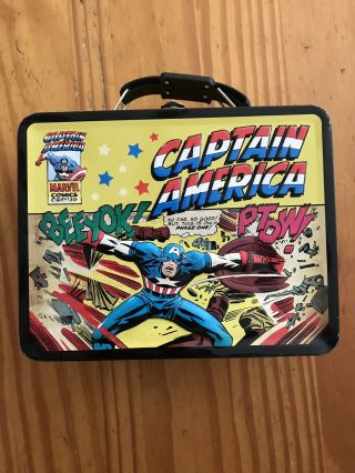 Captain America Tin Metal Lunch Box - Marvel 2010 Vintage - Pop - Out Front Lid