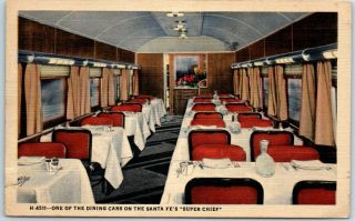 Santa Fe Railroad Postcard " Chief " Train Dining Car Fred Harvey 1948 Linen