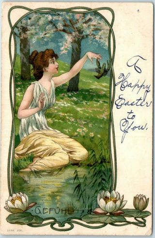 Vintage German Art Nouveau Postcard Pretty Lady / Lobster (?) " Gefuhl " 1911