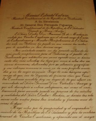 President Manuel Estrada Cabrera Guatemala Document To El Salvador Pres 1908