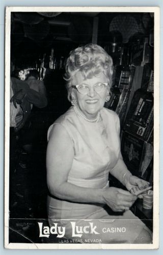 Postcard Nv Las Vegas Lady Luck Casino Souvenir Rppc Photo Of Woman At Slots S9