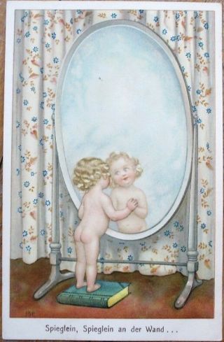 M.  Munk Sbp/artist - Signed 1915 Color Litho Postcard: Nude Girl Looking In Mirror