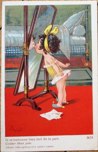 Right/artist - Signed 1920s Art Deco Postcard: Little Girl Kissing Mirror - Litho
