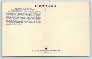 Vintage Linen Postcard Historic Boydville Martinsburg West Virginia WV 2