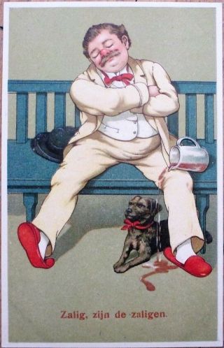 Drunk Man Sleeping,  Dog & Spilled Drink 1910 Embossed,  Color Litho Postcard