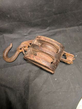 Vintage Nautical Wooden Rigging Block And Tackle Double Pulley Anchor Logo