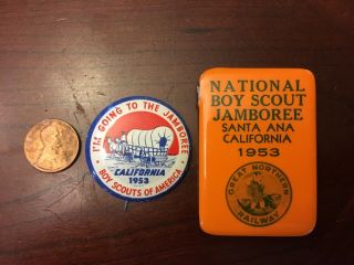2 Vintage 1953 National Jamboree Boy Scout Pins Buttons Badge Santa Ana Ca