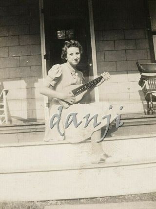 Teen Girl On The Porch Playing An Unusual Rectangular Guitar Old Music Photo