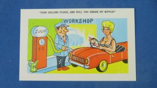 Risque Comic Postcard 1960s Big Boobs Petrol Station Garage Grease My Nipples