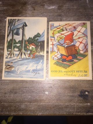 2 Vintage Swedish Mini Postcards Christmas Year Gnome Sweden Bell Book