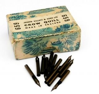 Vintage Box Pen Nibs 659 Joseph Gillott Crow Quill Made In England 12 Thin Nibs
