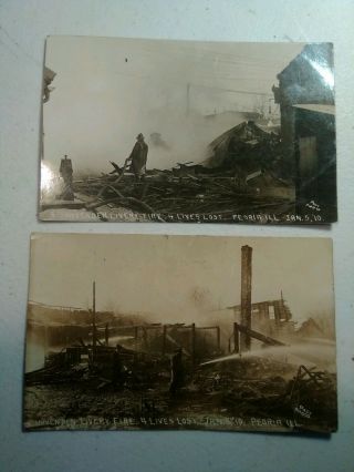 2 Old Real Photo Postcards Hovenden Livery Fire 1910 Peoria Illinois
