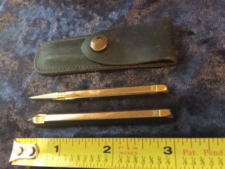 Vintage 50s Mechanical 3 " Gold Tone Pencil And Pen Jeweled Ends Leather Case