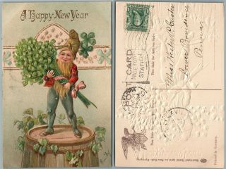 Antique Happy Year Embossed Postcard - Gnome W/ Flowers Dwarf