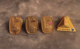 Vintage Sears Service Pins 15,  20,  25 & 30 Years 10k Gold Filled And Gem Stones