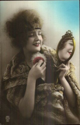 Art Deco Glamour Fashion - Woman Applying Makeup Tinted Rppc 3